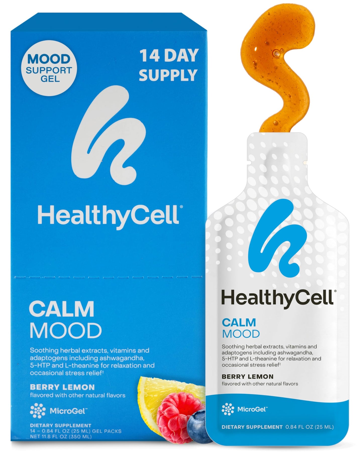 Healthycell Calm Mood Daily Liquid Supplement - Stress & Cortisol Support | 30 Gel Packs with Ashwagandha, L-Theanine, Magnesium, 5-HTP, GABA & Saffron - Calms Mood, Stress Relief & Cortisol Balance