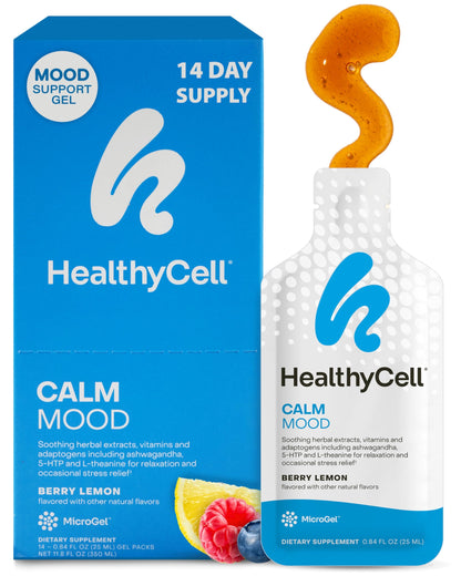 Healthycell Calm Mood Daily Liquid Supplement - Stress & Cortisol Support | 30 Gel Packs with Ashwagandha, L-Theanine, Magnesium, 5-HTP, GABA & Saffron - Calms Mood, Stress Relief & Cortisol Balance