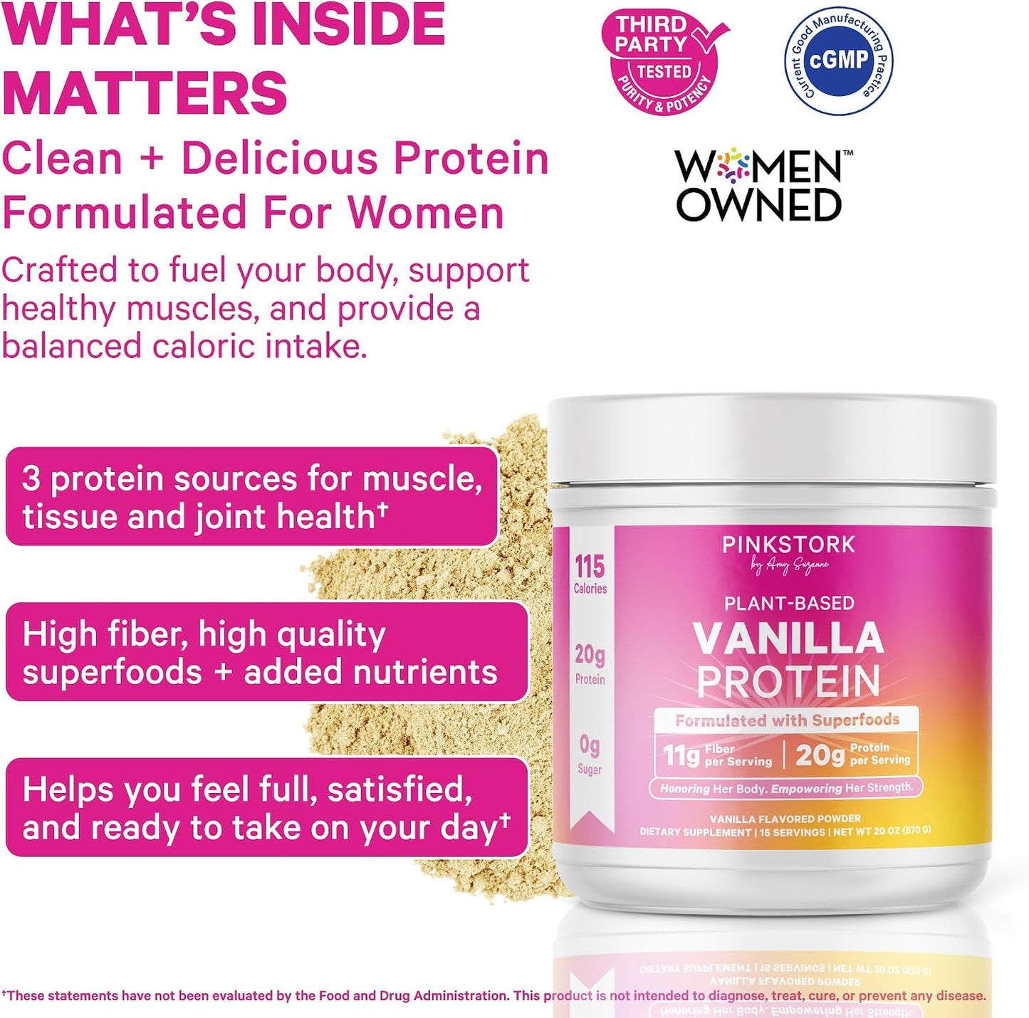 Pink Stork Protein Powder for Women, 20g Vanilla Plant-Based, 15 Scoops | With Fiber & Superfoods, Gluten Free, Dairy Free, Sugar Free, Pregnancy Friendly