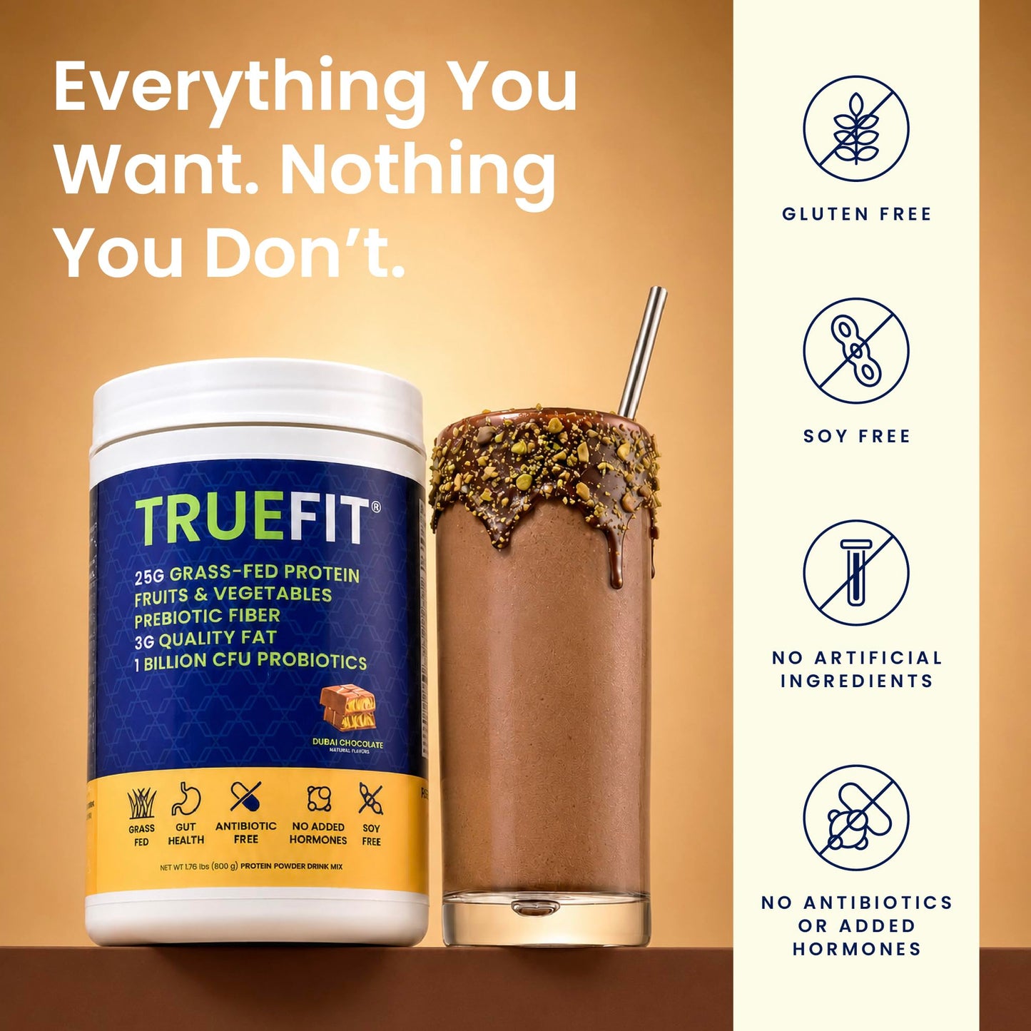 TrueFit Grass-Fed Whey Protein Powder + Fiber & Probiotics, Vanilla Shake | 25g Gut Healthy Protein with Fiber, Probiotics & Non-GMO Superfoods for Complete Meal Replacement Shake with Nothing Fake