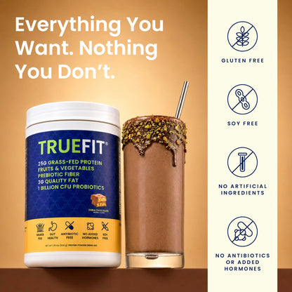 TrueFit Grass-Fed Whey Protein Powder + Fiber & Probiotics, Vanilla Shake | 25g Gut Healthy Protein with Fiber, Probiotics & Non-GMO Superfoods for Complete Meal Replacement Shake with Nothing Fake