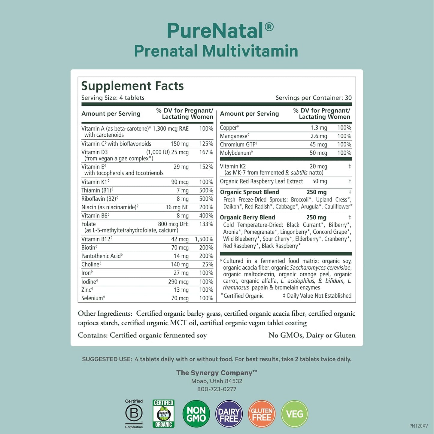 PURE SYNERGY PureNatal Prenatal Vitamins | Vegan Supplement Made with Organic Whole Foods | with Natural Iron, Folate, and Choline | for Pre-Conception, Pregnancy and Breastfeeding (120 Tablets)
