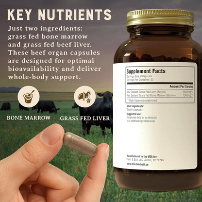 HEART & SOIL Bone Marrow & Beef Liver, 180 Capsules | 100% grass fed & finished from regenerative cattle. Supports bones, joints, tissue & skin. 3000mg for women & men.