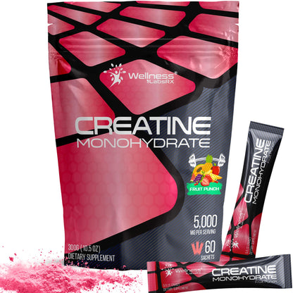 WELLNESS LABSRX Creatine Monohydrate Powder Sachets 300g – Fruit Punch Flavor Micronized Creatine Powder Supplement, Creatine for Women and Men, Supports Strength, Energy, Performance - 60 Servings
