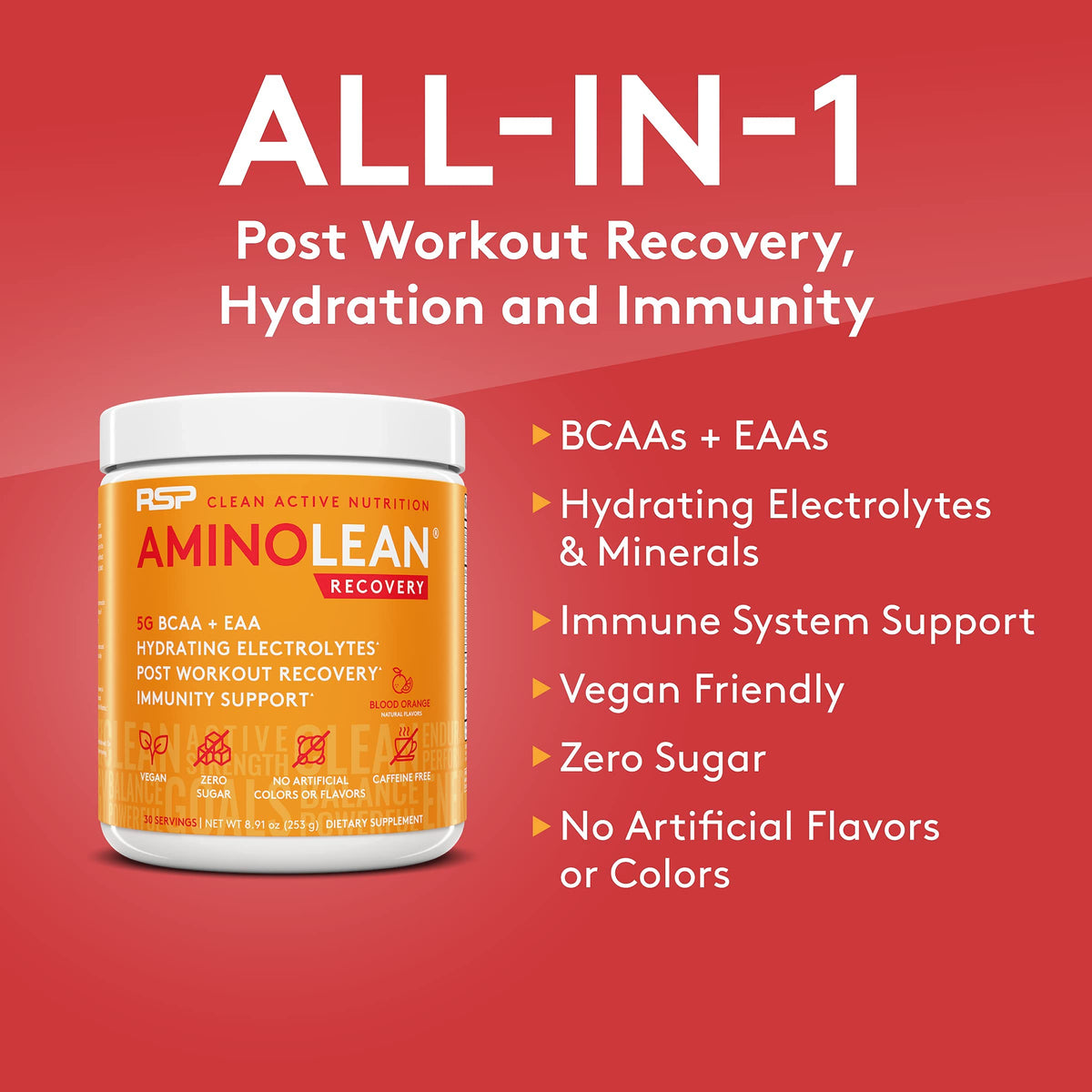 RSP NUTRITION Vegan AminoLean Pre Workout Energy (Pineapple Coconut 25 Servings) with AminoLean Recovery Post Workout Boost (Blood Orange 30 Servings)