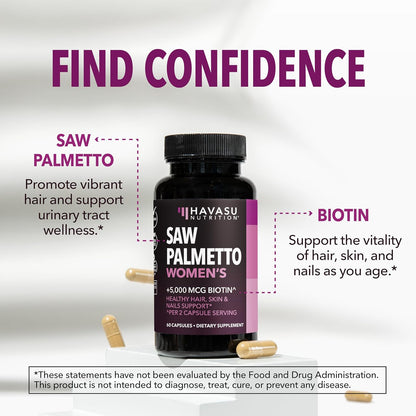 Saw Palmetto for Women with Bitoin 5000mcg Per Serving, 30-Day Supply | Vegan, Non-GMO DHT Blocker for Women for Hair, Skin and Nails, Saw Palmetto Extract with Biotin for Thicker Looking Hair