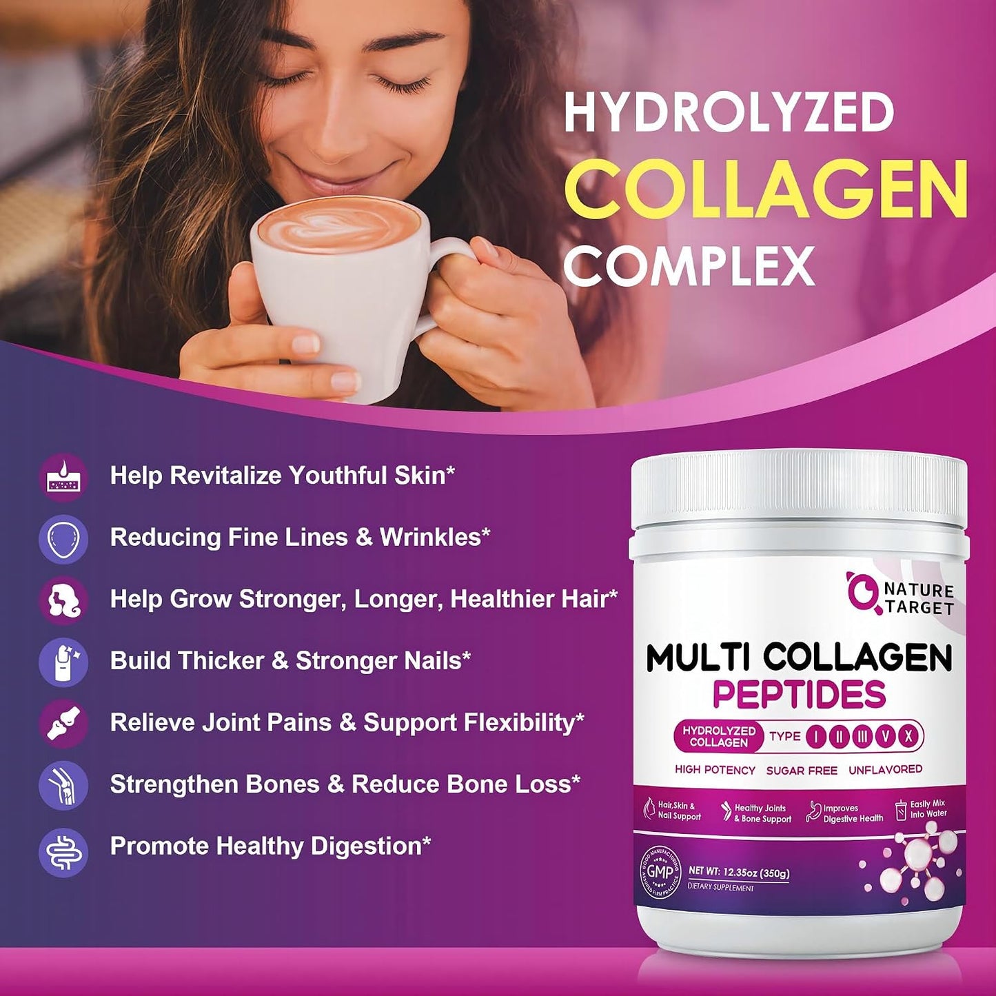 NATURE TARGET Multi Collagen Peptides Powder, 35 Servings | Type I, II, III, V, X, Hydrolyzed Collagen Peptides with Vitamin C Hyaluronic Acid, Supports Skin Hair Nail & Joint