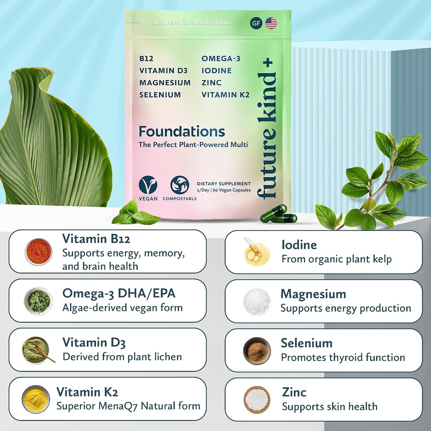Future Kind Carrageenan-Free Foundations Multivitamin for Women & Men with Omega-3, B12, D3, Zinc, Iodine, Magnesium, K2 & Selenium, Vegan, Compostable Bag (60ct)