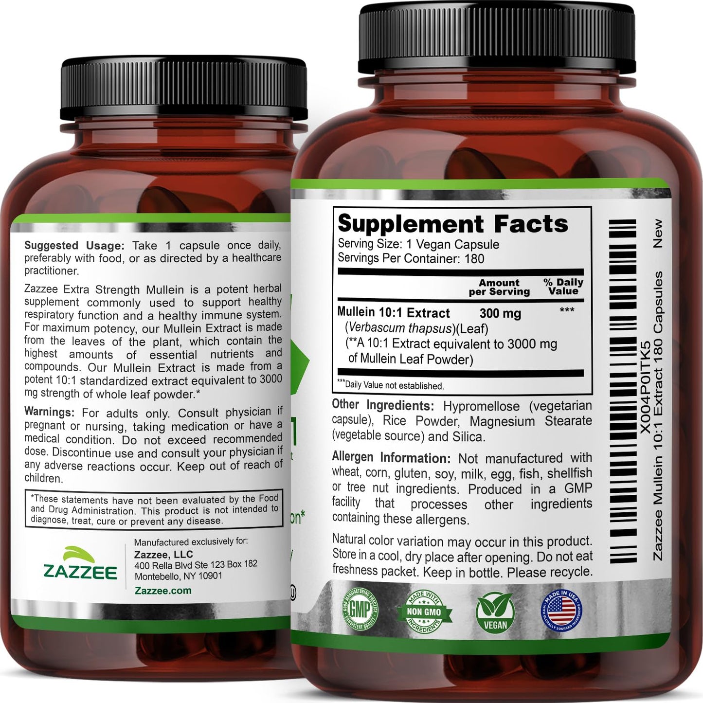 Zazzee Extra Strength Mullein Leaf 10:1 Extract, 120 Vegan Capsules, 4 Month Supply, Verbascum Thapsus, Respiratory & Lung Support, Certified Kosher, 100% Pure Leaf Powder, Non-GMO, Made in the USA
