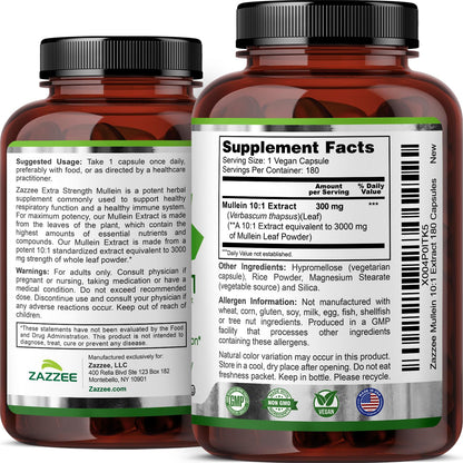 Zazzee Extra Strength Mullein Leaf 10:1 Extract, 120 Vegan Capsules, 4 Month Supply, Verbascum Thapsus, Respiratory & Lung Support, Certified Kosher, 100% Pure Leaf Powder, Non-GMO, Made in the USA