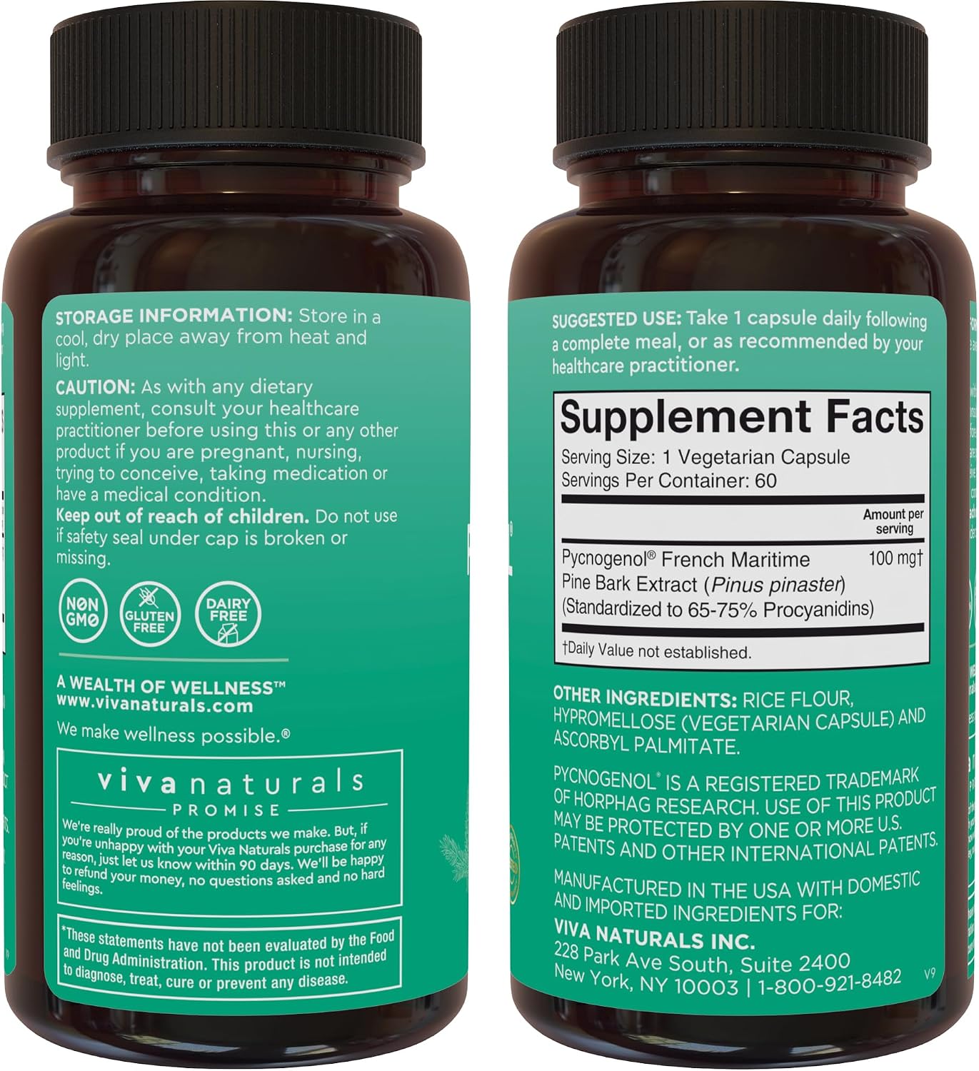 Viva Naturals Pycnogenol - 100mg French Maritime Pine Bark Extract – Supports Circulation, Antioxidant-Like Activity, Joints & Immune Health and Function – 60 Veggie Capsules