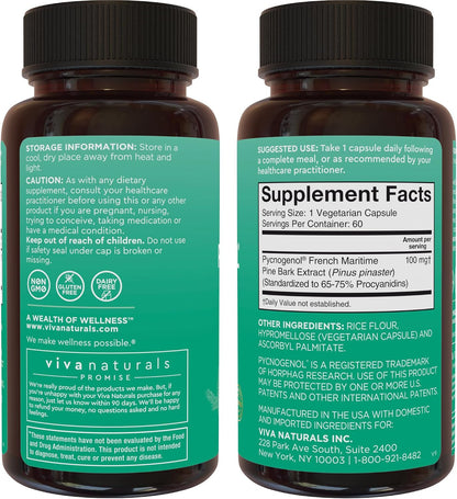 Viva Naturals Pycnogenol - 100mg French Maritime Pine Bark Extract – Supports Circulation, Antioxidant-Like Activity, Joints & Immune Health and Function – 60 Veggie Capsules