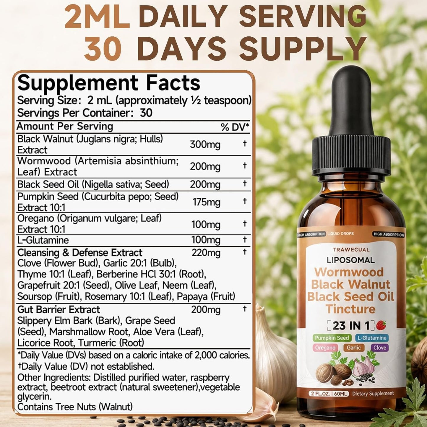 Black Walnut Wormwood Black Seed Oil Cleanse Tincture, 23-in-1 Gentle Gut Detox & Digestive Health Support with Clove, Pumpkin Seed, Oregano, Berberine - Liposomal, Raspberry Flavor, 2FL