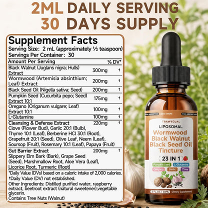 Black Walnut Wormwood Black Seed Oil Cleanse Tincture, 23-in-1 Gentle Gut Detox & Digestive Health Support with Clove, Pumpkin Seed, Oregano, Berberine - Liposomal, Raspberry Flavor, 2FL