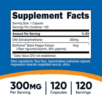 Nutricost DIM (Diindolylmethane) Plus BioPerine 300mg, 120 Vegetarian Capsules - Up to 4 Month Supply, Max Strength DIM Supplement