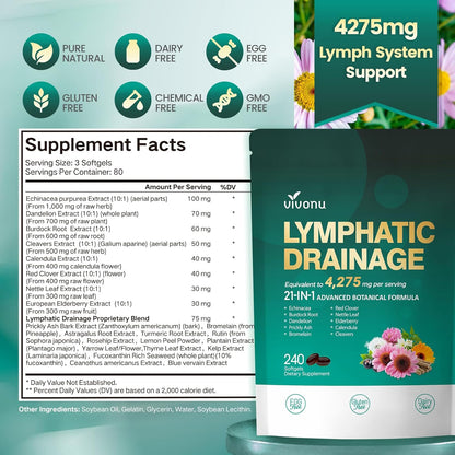 Lymphatic Drainage Supplement, Lymph System Support Supplement for Women & Men, 21-in-1 Herbal Blend with Echinacea, Dandelion, Burdock, Bromelain, Calendula, Turmeric & More