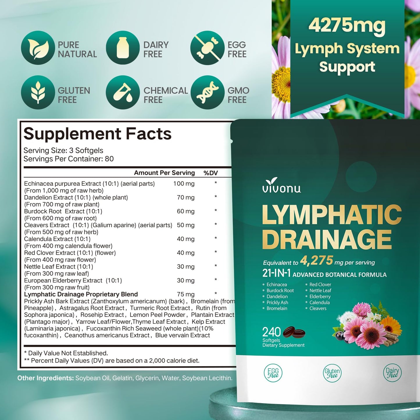 Lymphatic Drainage Supplements, 240 Softgels, Lymph System Support Supplement for Women & Men, 21-in-1 Herbal Blend with Echinacea, Dandelion, Burdock, Bromelain, Calendula, Turmeric & More, 1 Bag