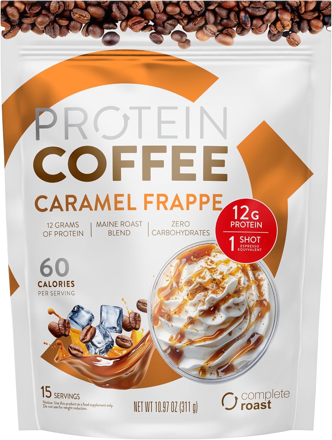 Complete Roast Caramel Frappe Protein Coffee, 0 Carbs, 60 Calories, Low Fat