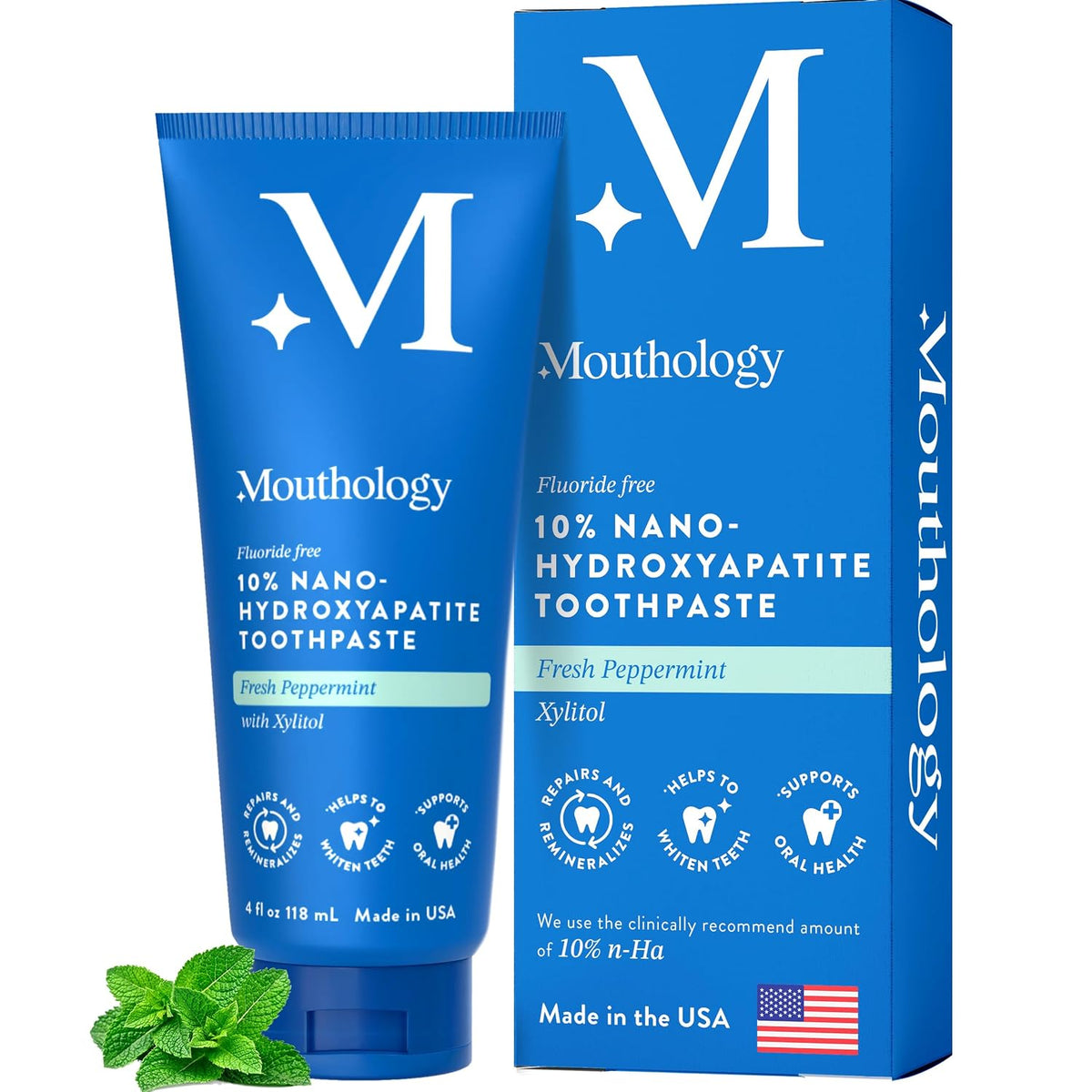Mouthology 10% Nano Hydroxyapatite Toothpaste (Fluoride Free) and Copper Tongue Scraper for Adults (2 Pack)