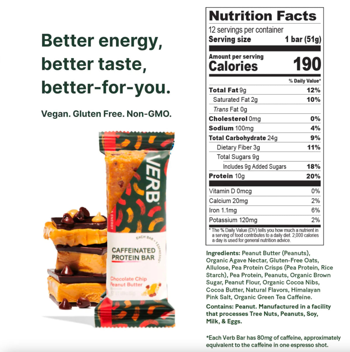 Verb Energy - Chocolate Chip Peanut Butter Caffeinated Protein Bars - 190-Calorie 6g
