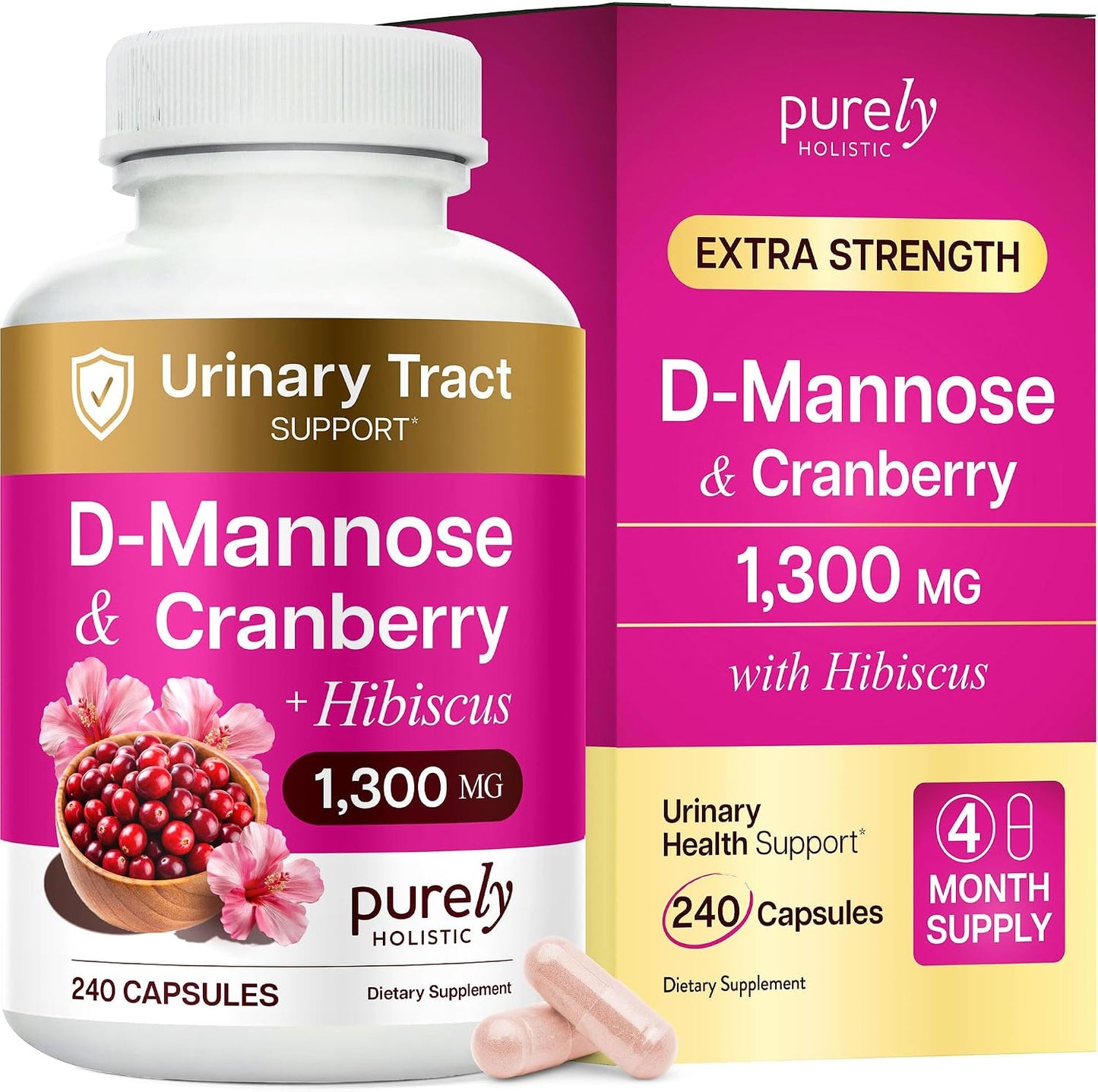 D Mannose with Cranberry, Drug-Free Urinary Tract Health Support, 240 Ct | Evidence-Based DMannose 1300mg for Urinary & Bladder Health for Women, D Mannose Supplements for Women & Men, 4 Month Supply