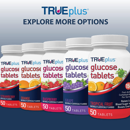 TRUEplus Glucose Tablets, Grape, Raspberry, Orange Flavors, 50 Count | Chewable Tablets, 15g Fast-Acting Carbohydrates, Fat Free, Gluten Free, Boosts Energy, Great Tasting and Easy to Use
