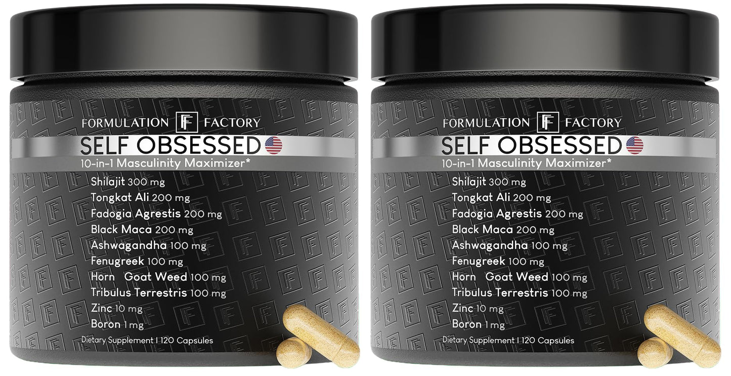 Formulation Factory Self Obsessed 10-in-1 Natural Testosterone Booster for Men, Testosterone Supplement for Men with Shilajit, Tongkat Ali, Fadogia Agrestis, 120 Capsules, 2 Month Supply