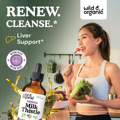 Wild & Organic Milk Thistle Liquid Drops - Liver Cleanse Detox - Silymarin Milk Thistle Supplement for Liver Support - Add to Tea - Silybum Marianum Seed Extract Tincture - Sugar & Alcohol-Free - 4 oz