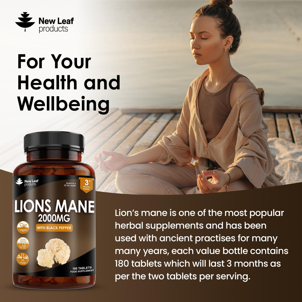 Lions Mane Mushroom Extract Supplement 2000mg - 180 High Strength Vegan Tablets