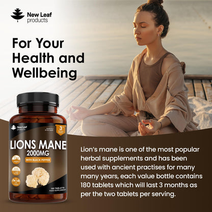 Lions Mane Mushroom Extract Supplement 2000mg - 180 High Strength Vegan Tablets
