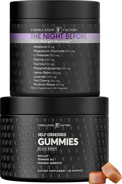 Formulation Factory Self Obsessed Shilajit Gummies x The Night Before (Bundle) – Men's Day & Night Stack: Testosterone Booster + Magnesium Sleep Supplement with Shilajit, Tongkat Ali & Melatonin