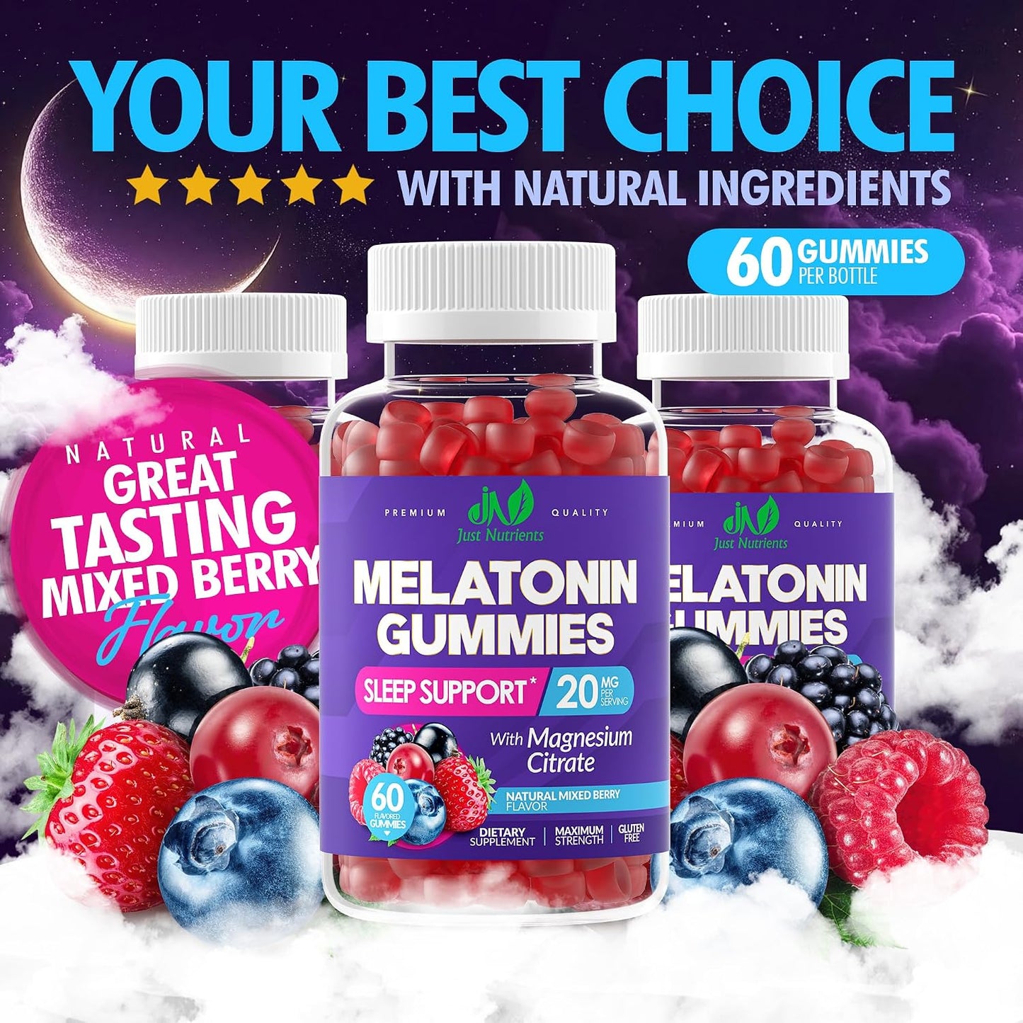 Melatonin 20mg Gummies with Magnesium Citrate - Maximum Strength Sleep Aid for Adults with 10mg of Melatonin Per Gummy - Gluten-Free, Non-GMO, Vegetarian, Mixed Berry Flavor - 60 Gummies