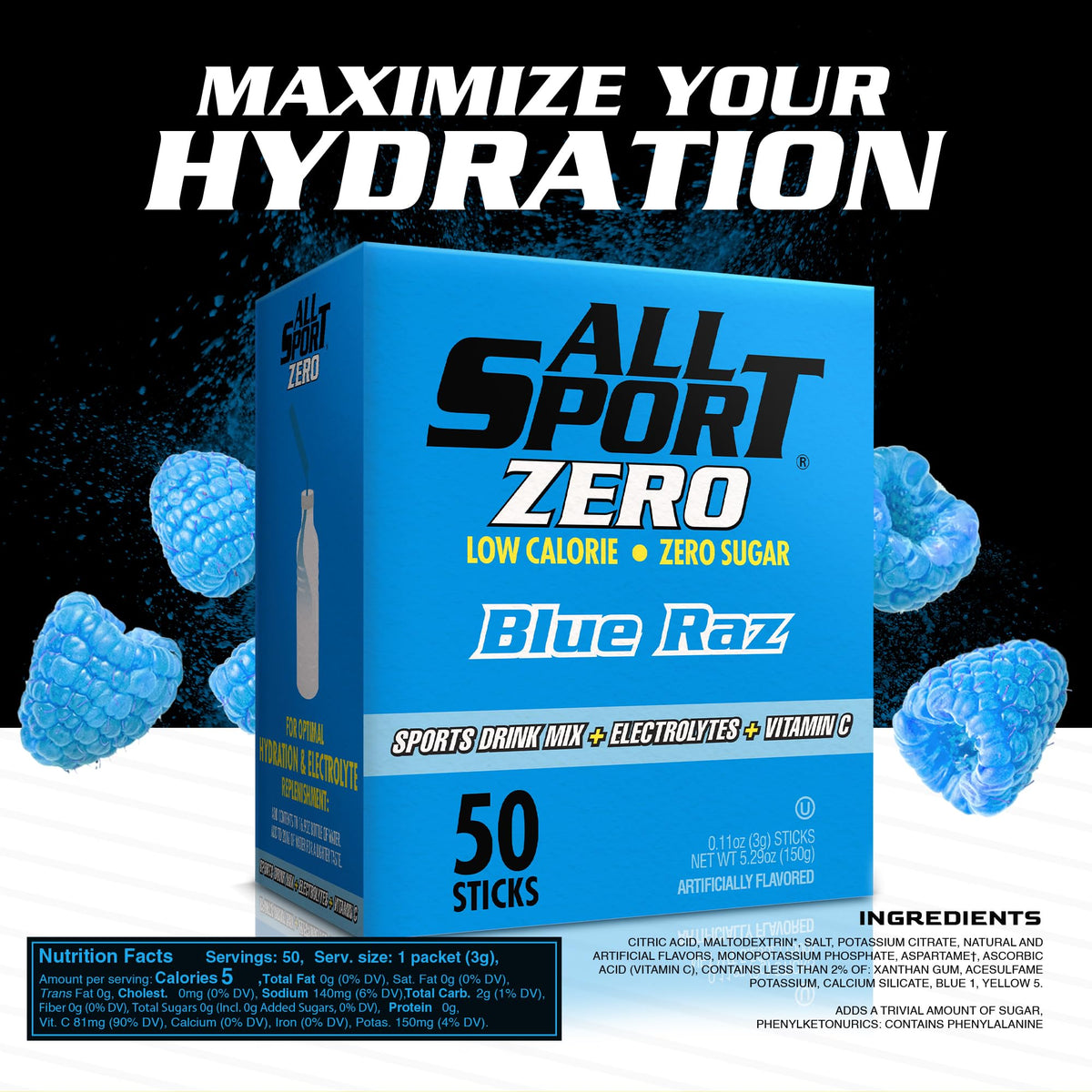 All Sport Zero Powder Sticks, Sugar Free, Strawberry Banana, 50 Count
