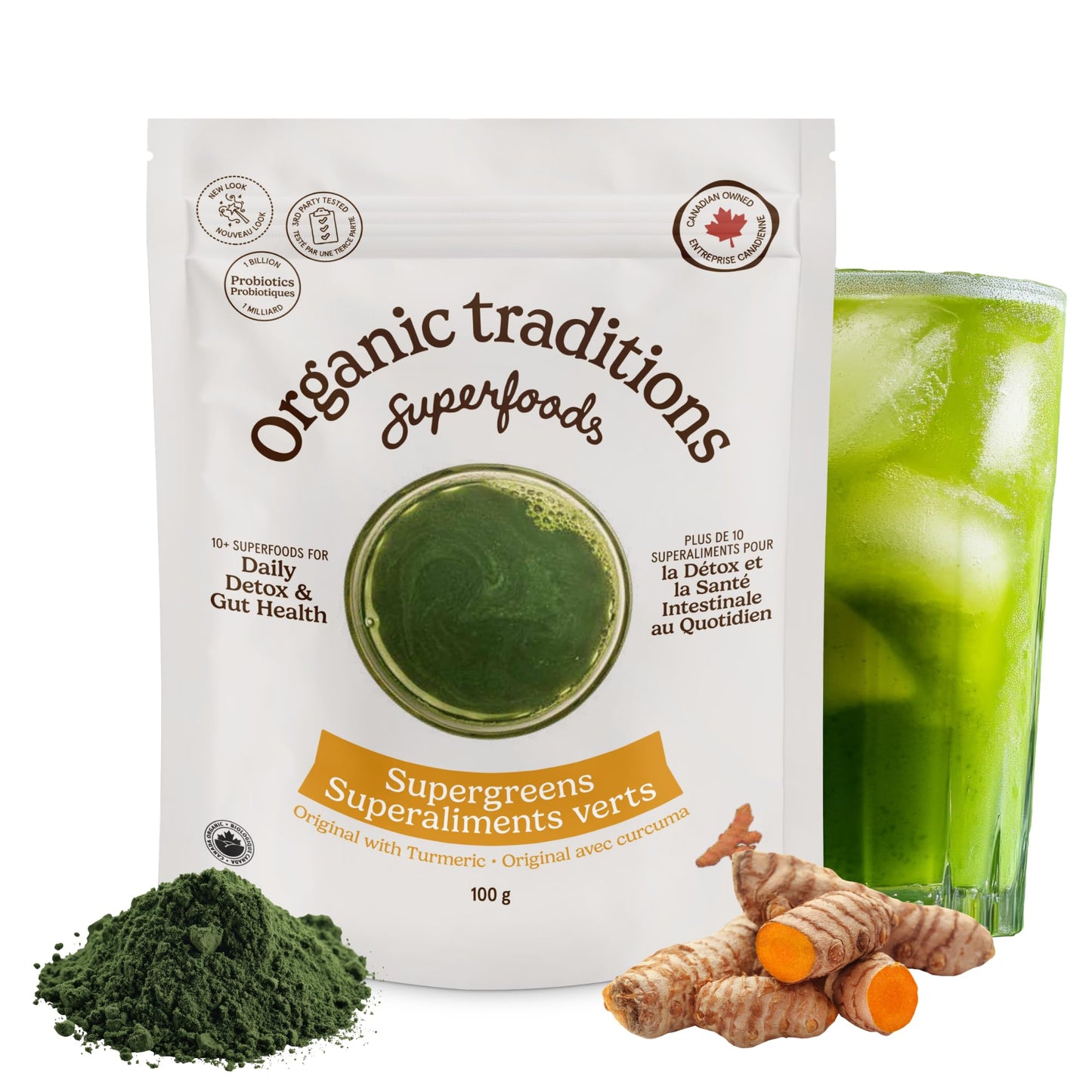 Organic Traditions Super Greens Powder with Turmeric, Organic Greens Superfood Blend with Vitamins Minerals and Probiotics, Plant Based Green Juice Mix for Smoothies and Drinks, 100g / 3.5oz Bag