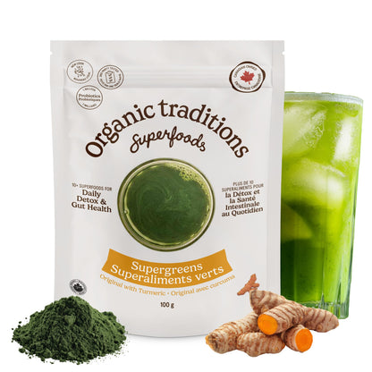 Organic Traditions Super Greens Powder with Turmeric, Organic Greens Superfood Blend with Vitamins Minerals and Probiotics, Plant Based Green Juice Mix for Smoothies and Drinks, 100g / 3.5oz Bag