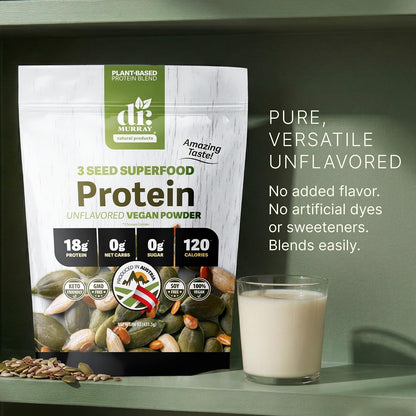 Dr. Murray's Super Foods 3 Seed Protein Powder - Pumpkin Flax Sunflower | Vegan Plant Protein | No Artificial Additives | GMP Certified | Unflavored, 1 lb.