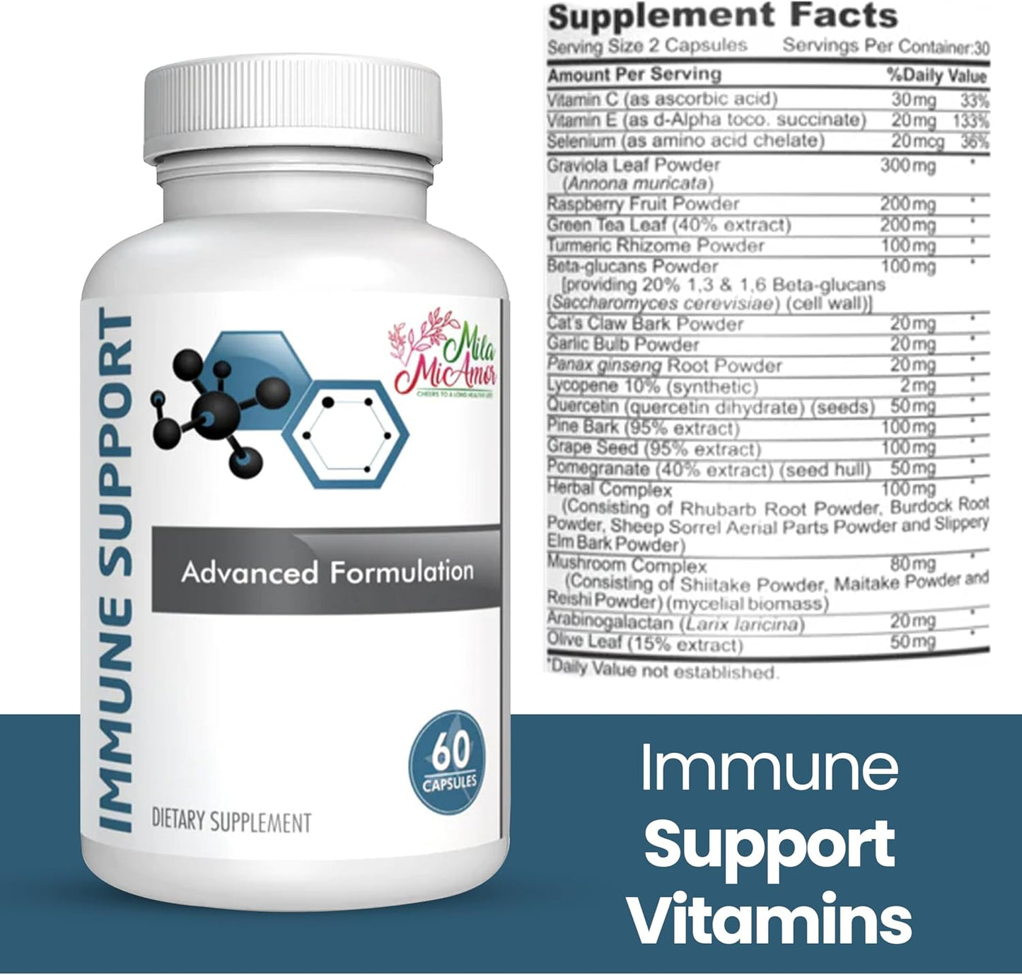 Mila Miamor Immune Support Supplement with Vitamins C, E, Minerals & Herbal Complex – Antioxidant & Detox Support – 60 Capsules for Year-Round Immunity