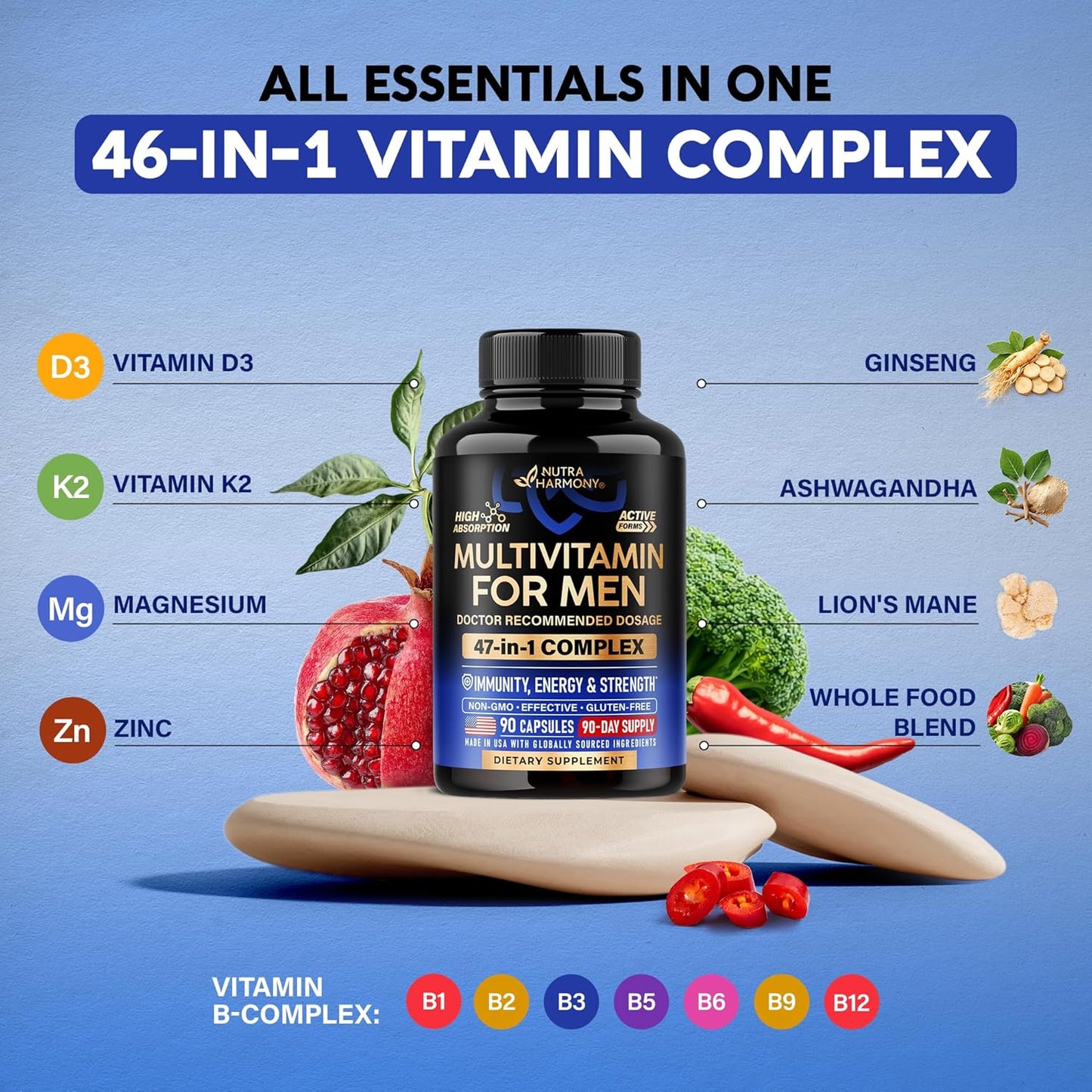 Multivitamin for Men - B-Complex | Whole Foods & Enzymes - Energy, Focus & Brain | Men's Health Complex - 46in1 Mens Multivitamin - Bioavailable & Gentle on Stomach - Lab Tested - 90 Capsules, 1/Day