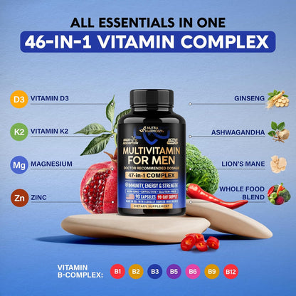 Multivitamin for Men - B-Complex | Whole Foods & Enzymes - Energy, Focus & Brain | Men's Health Complex - 46in1 Mens Multivitamin - Bioavailable & Gentle on Stomach - Lab Tested - 90 Capsules, 1/Day