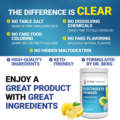 Dr. Berg Zero Sugar Hydration Keto Electrolyte Powder - Enhanced w/ 1000 mg of Potassium & Real Pink Himalayan Salt (NOT Table Salt) - Raspberry & Lemon Flavor Hydration Drink Supplement, 100 Servings