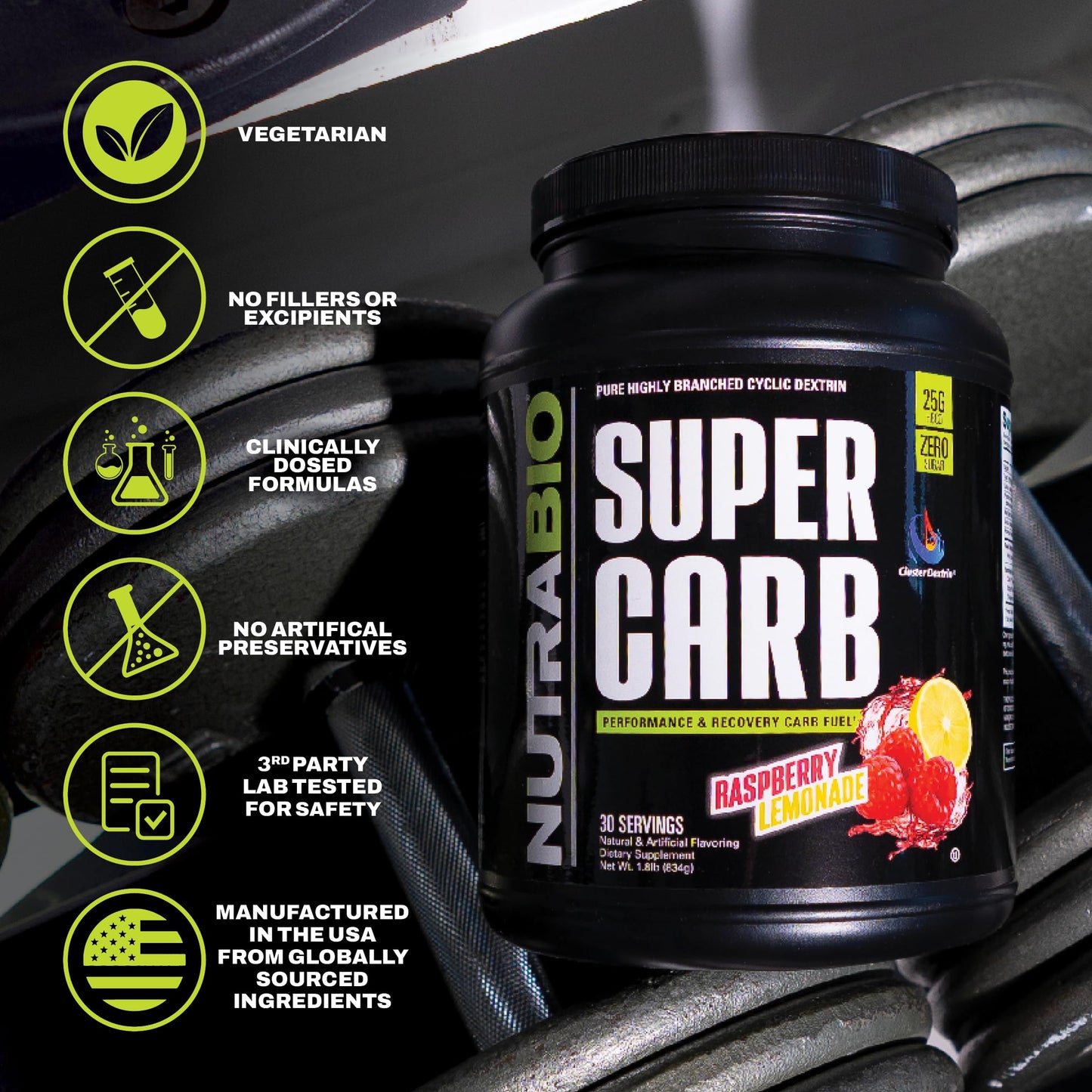 NutraBio Super Carb, Carbohydrate Powder with Cluster Dextrin & Electrolytes, Advanced Carb Supplement Powder for Workout Fuel, Performance, and Muscle Recovery, Cyclic Dextrin, Unflavored, 30 Sv