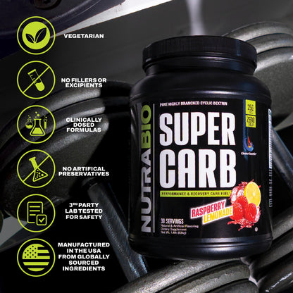NutraBio Super Carb, Carbohydrate Powder with Cluster Dextrin & Electrolytes, Advanced Carb Supplement Powder for Workout Fuel, Performance, and Muscle Recovery, Cyclic Dextrin, Unflavored, 30 Sv