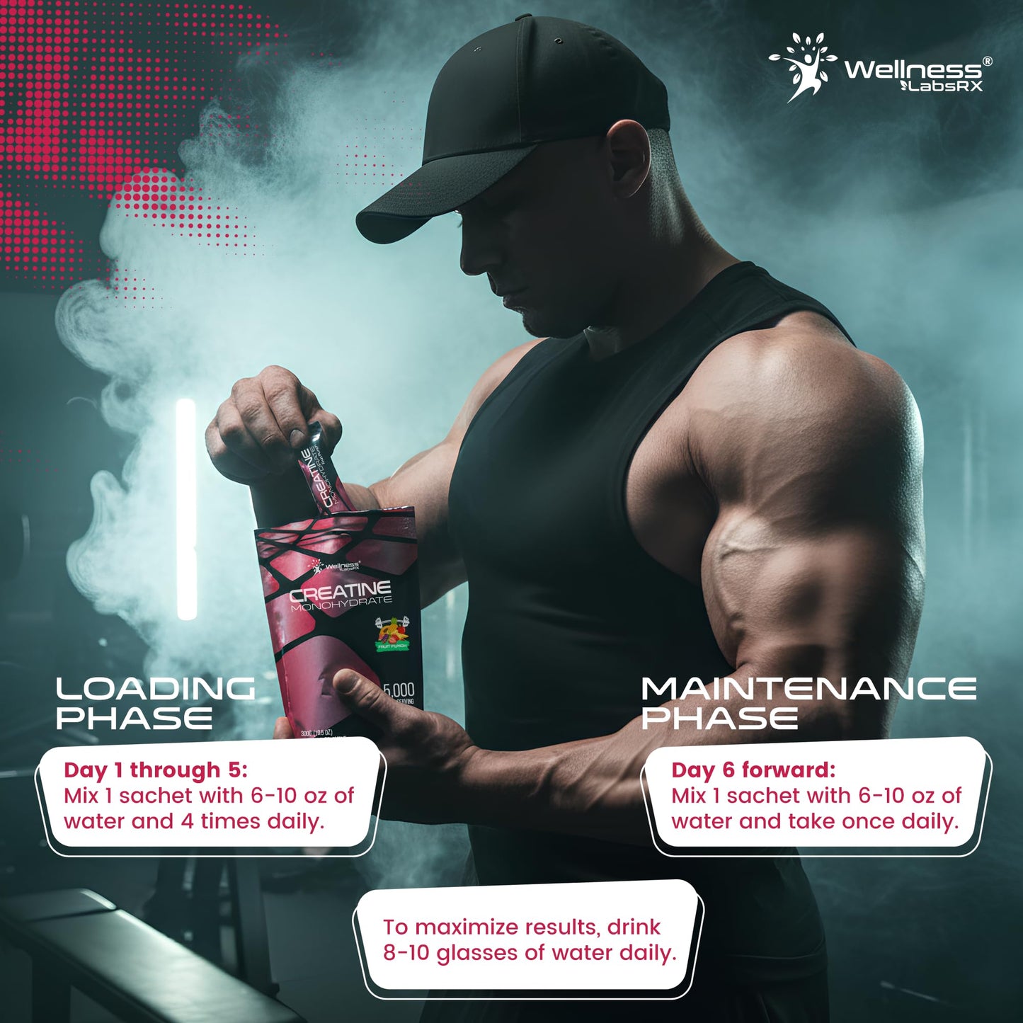 WELLNESS LABSRX Creatine Monohydrate Powder Sachets 300g – Fruit Punch Flavor Micronized Creatine Powder Supplement, Creatine for Women and Men, Supports Strength, Energy, Performance - 60 Servings