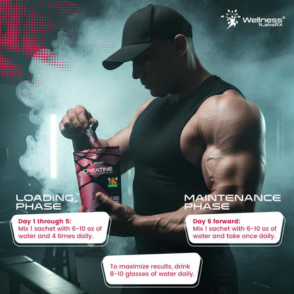 WELLNESS LABSRX Creatine Monohydrate Powder Sachets 300g – Fruit Punch Flavor Micronized Creatine Powder Supplement, Creatine for Women and Men, Supports Strength, Energy, Performance - 60 Servings
