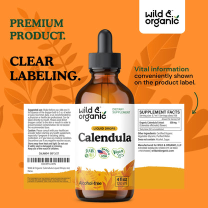 Wild & Organic Calendula Flowers Supplement - Antioxidant, Immune & Skin Support - Add to Tea Extract Drops - Calendula Herb Tincture - Vegan, Alcohol & Sugar-Free - 4 fl oz
