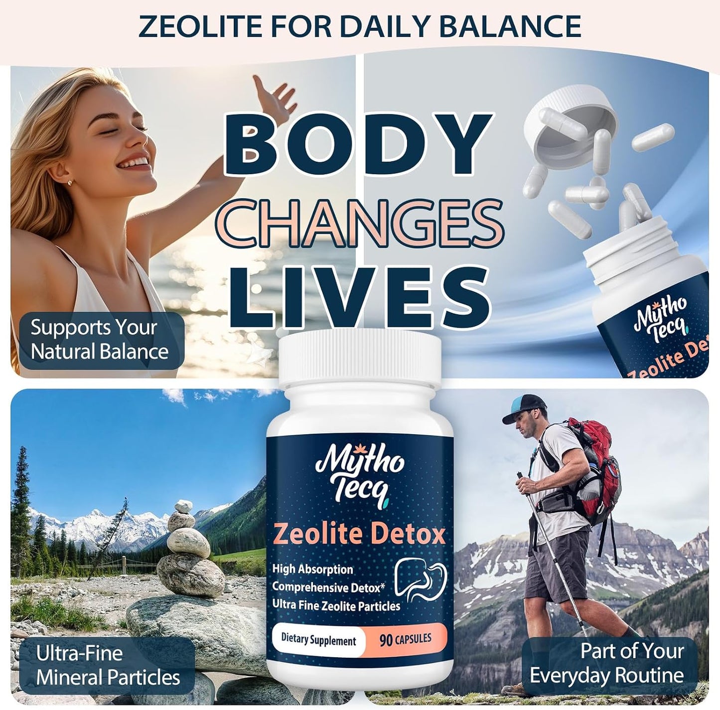 MythoTecq Zeolite Capsules with Activated Charcoal & Bentonite, 90 Count | 2300mg formula featuring zeolite clinoptilolite, activated charcoal and bentonite clay