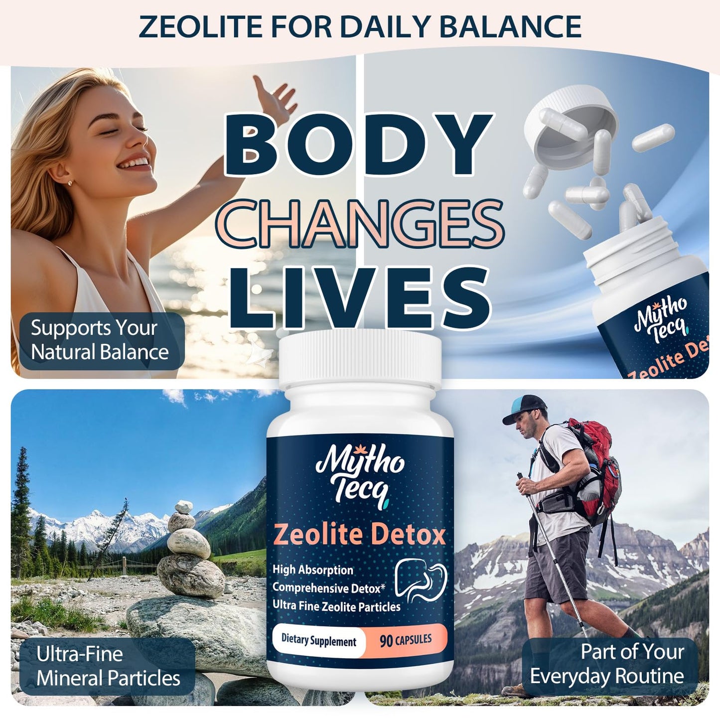 MythoTecq Zeolite Capsules with Activated Charcoal & Bentonite, 90 Count | 2300mg formula featuring zeolite clinoptilolite, activated charcoal and bentonite clay