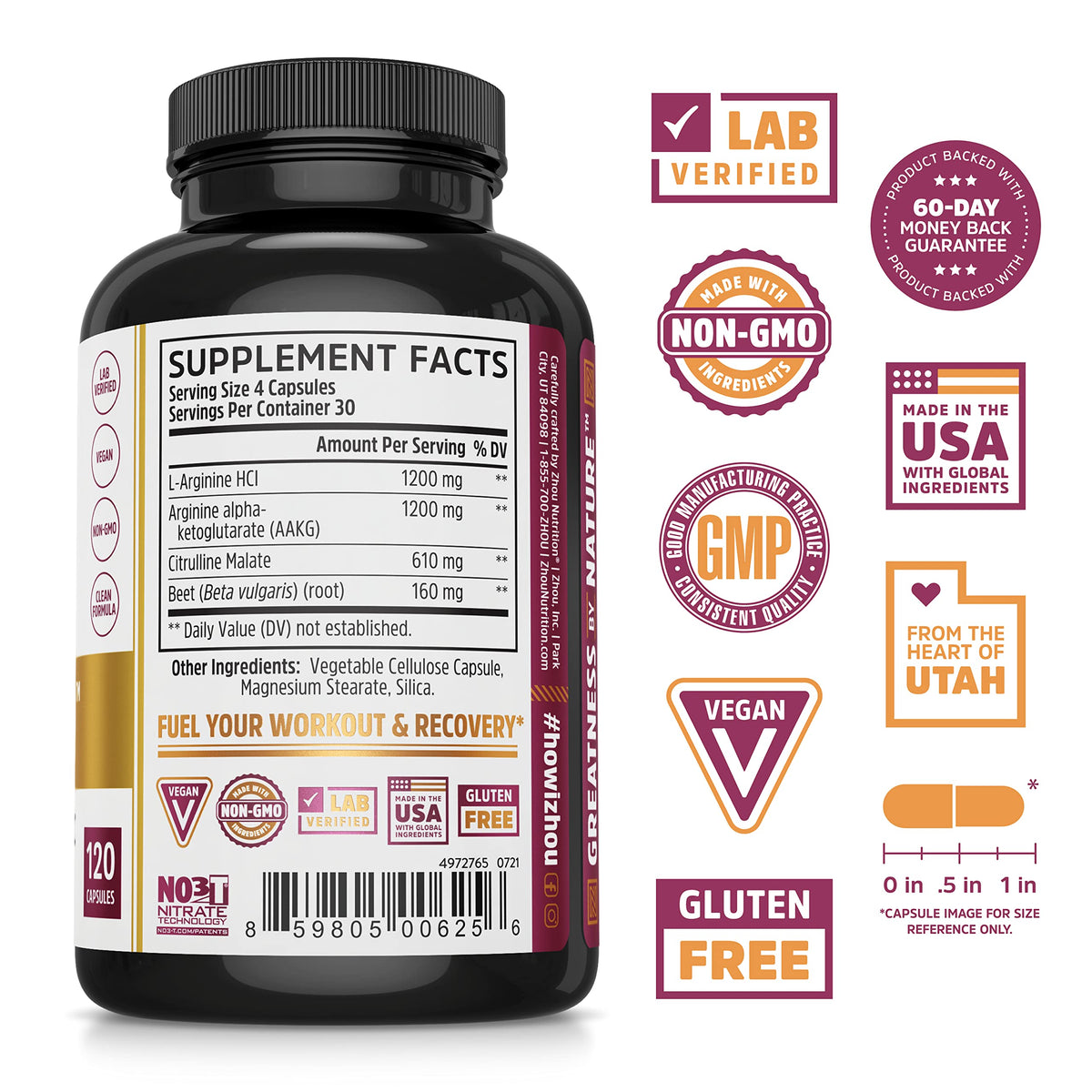 Zhou Nitric Oxide with L Arginine, Citrulline Malate, AAKG and Beet Root | Powerful N.O.