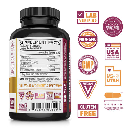 Zhou Nitric Oxide with L Arginine, Citrulline Malate, AAKG and Beet Root | Powerful N.O.