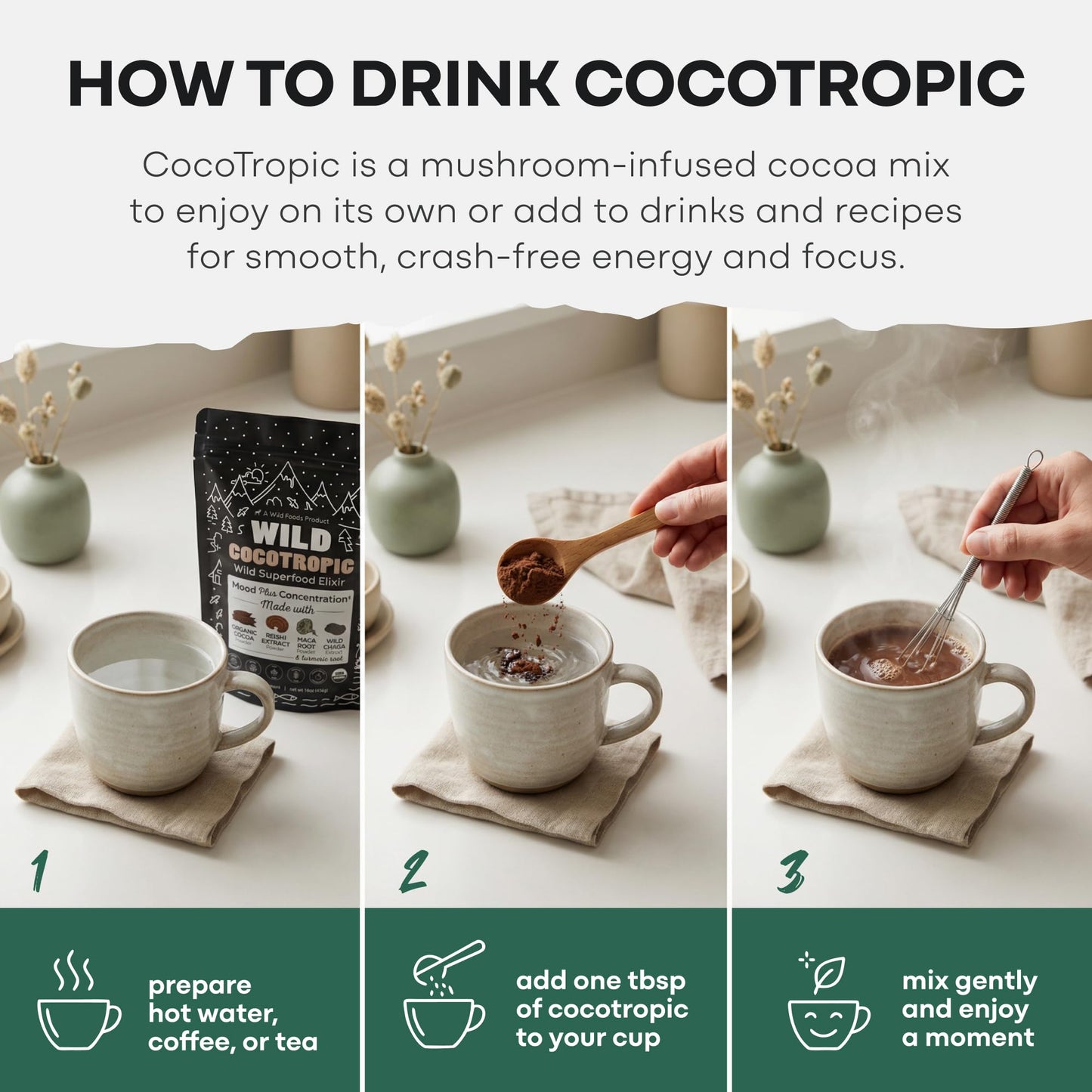 Organic Cocotropic Mushroom Hot Cocoa - Mushroom Coffee Alternative | Sugar Free Hot Chocolate | Organic Cocoa Powder, Reishi Mushrooms, Chaga, Maca Root, Turmeric | Delicious Sustained Focus, Energy & Mood Without Jitters | 16oz